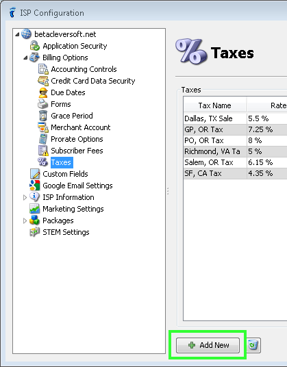 ISP Configuration: Taxes | VISP - UBO ISP Billing System