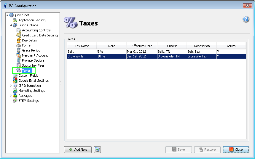 ISP Configuration: Taxes | VISP - UBO ISP Billing System