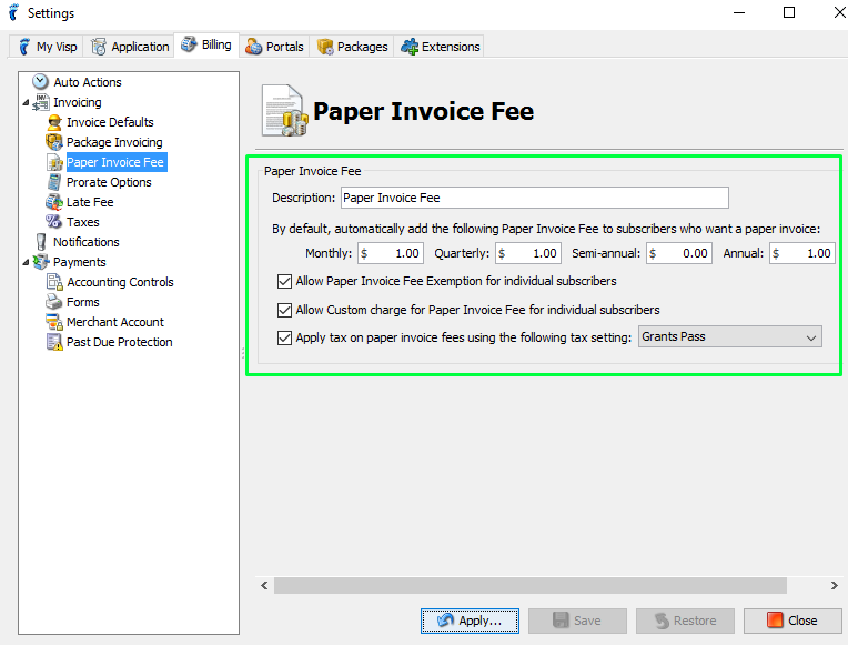 ISP Settings: Paper Invoice Fee - UBO
