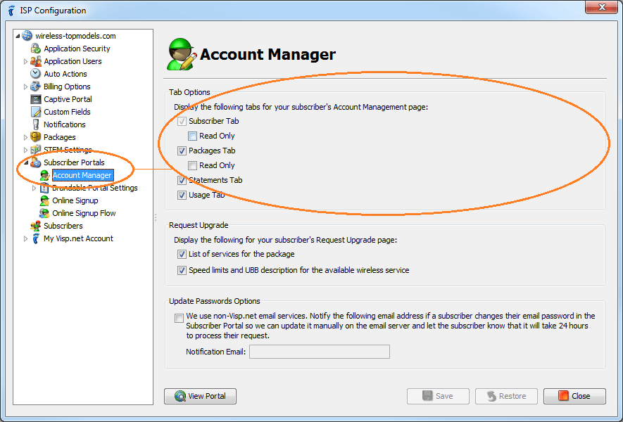 isp config - subscriber portals - account manager - all checked