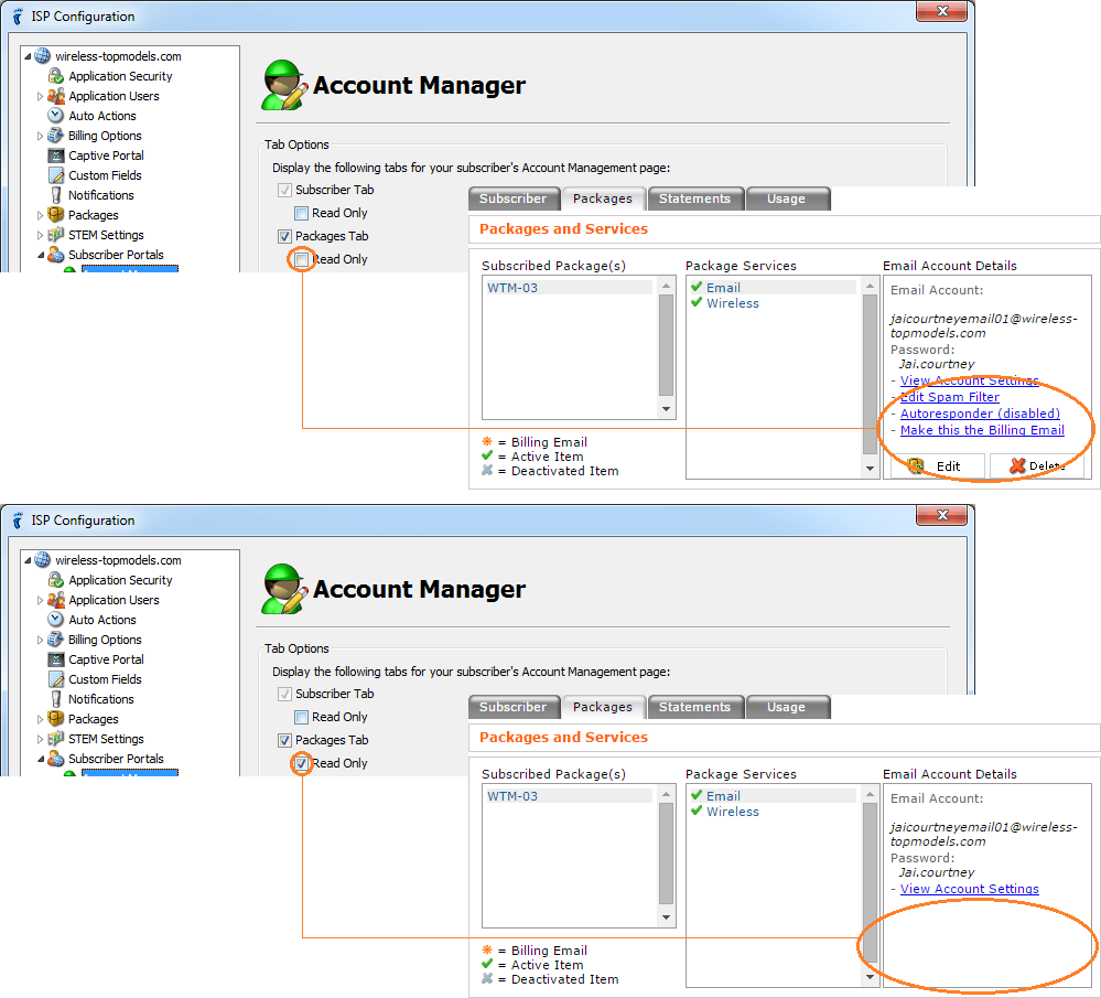 isp config - subscriber portals - account manager - packages tab - read only