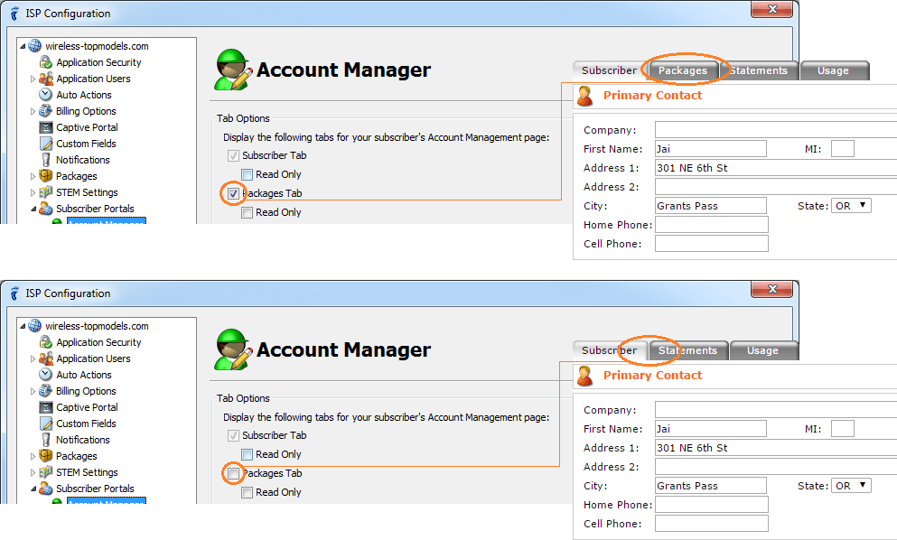 isp config - subscriber portals - account manager - packages tab