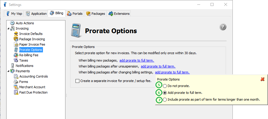 UBO 8 Beta : Settings : Invoicing : Billing : Prorate Options