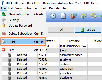 Printing Subscriber Invoices, Receipts, or Statements