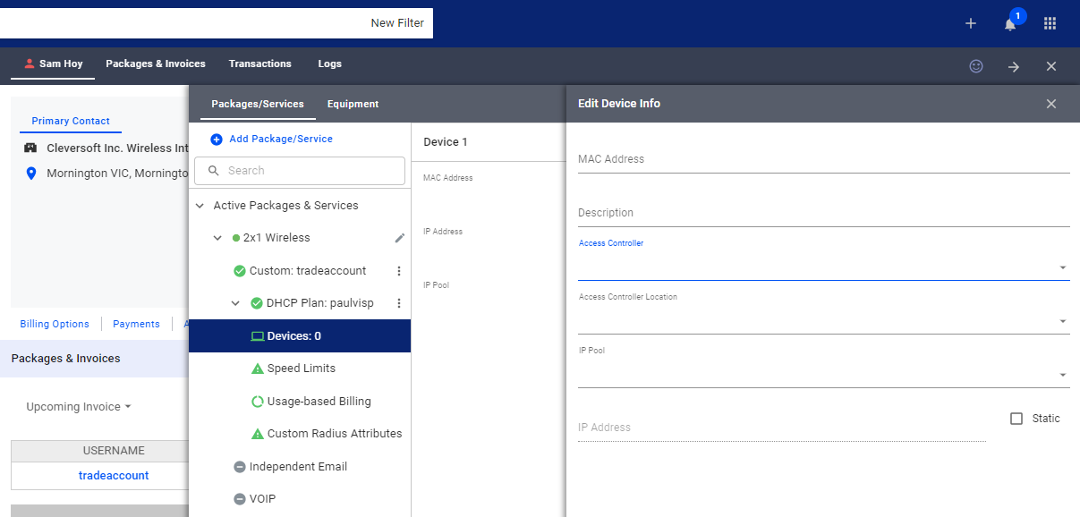 Screenshot of the IP Management Subscriber Settings page showing various configuration options for IP address allocation, subnet masks, and DHCP settings.