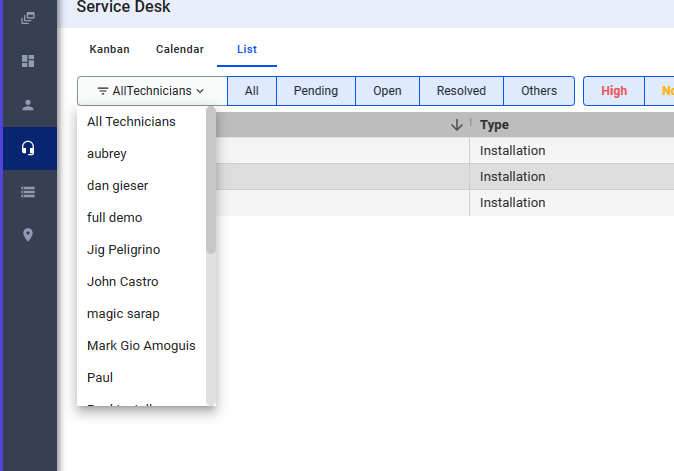 Sections of the Service Desk: List, Calendar, Kanban - Visp App